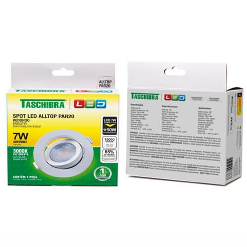spot embutir taschibra alltop led par20 redondo 7w 3000k 15090203 branco (mp)