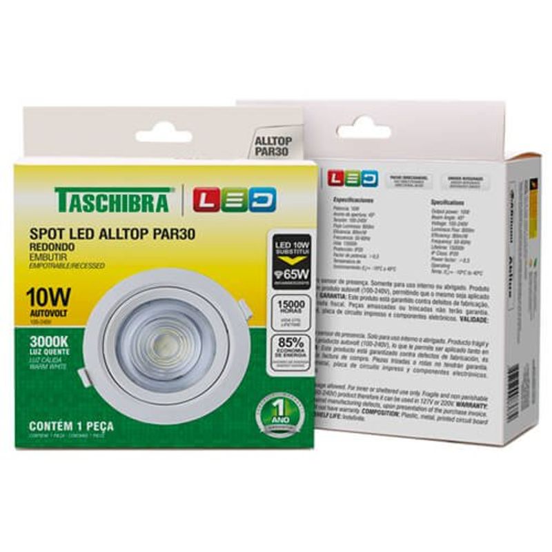 spot embutir taschibra alltop led par30 redondo 10w 3000k 15090205 branco (mp)