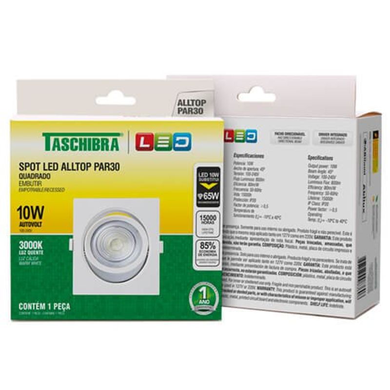 spot embutir taschibra alltop led par30 quadrado 10w 3000k 15090197 branco (mp)