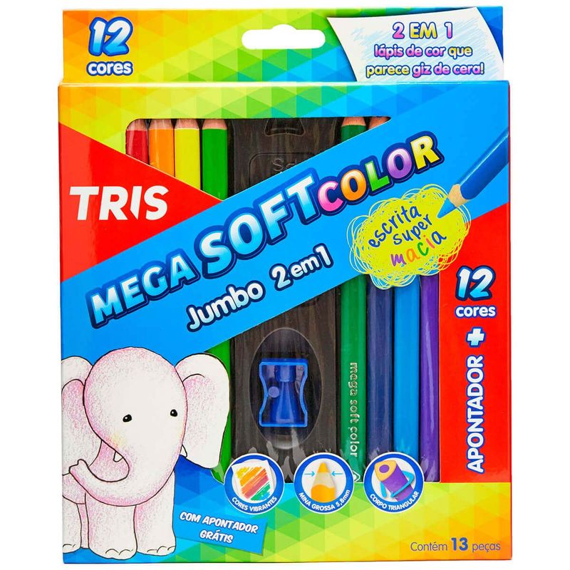 lápis de cor tris jumbo mega soft color 12 cores com apontador - 682341