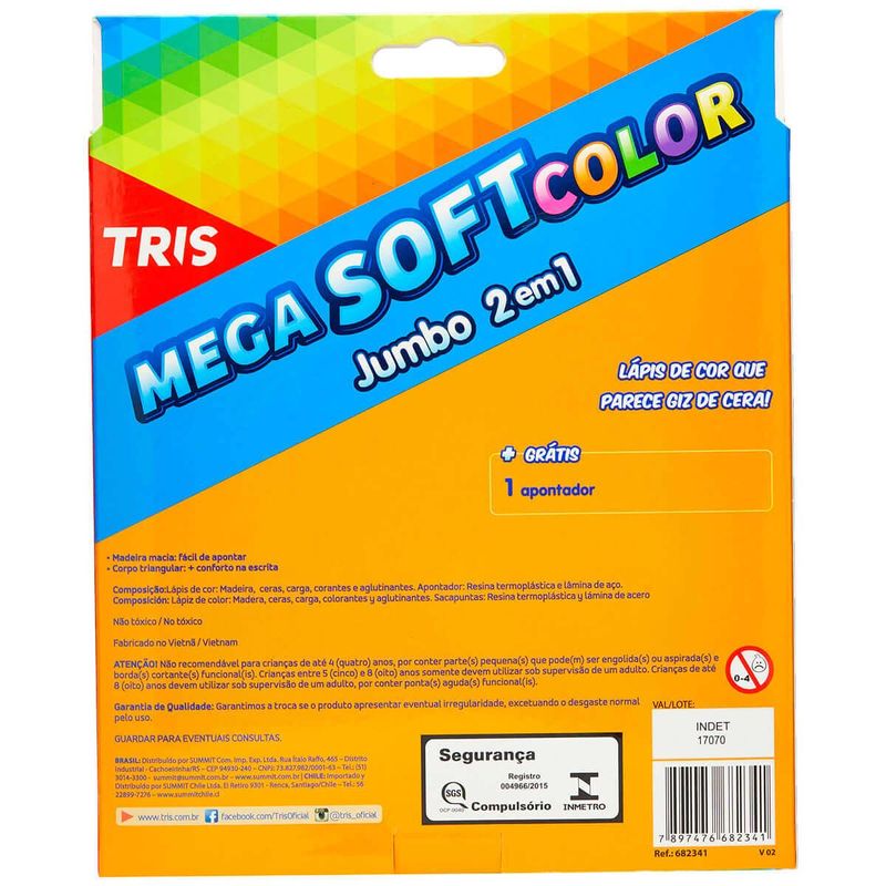 lápis de cor tris jumbo mega soft color 12 cores com apontador - 682341