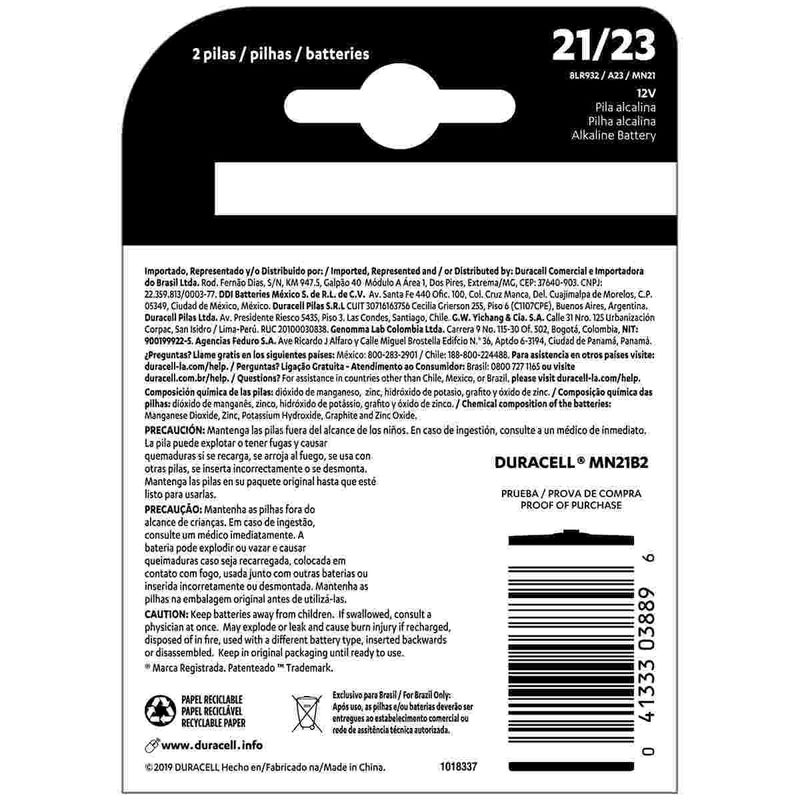 pilha mini alcalina duracell 2 unidades 12v mn21/a23