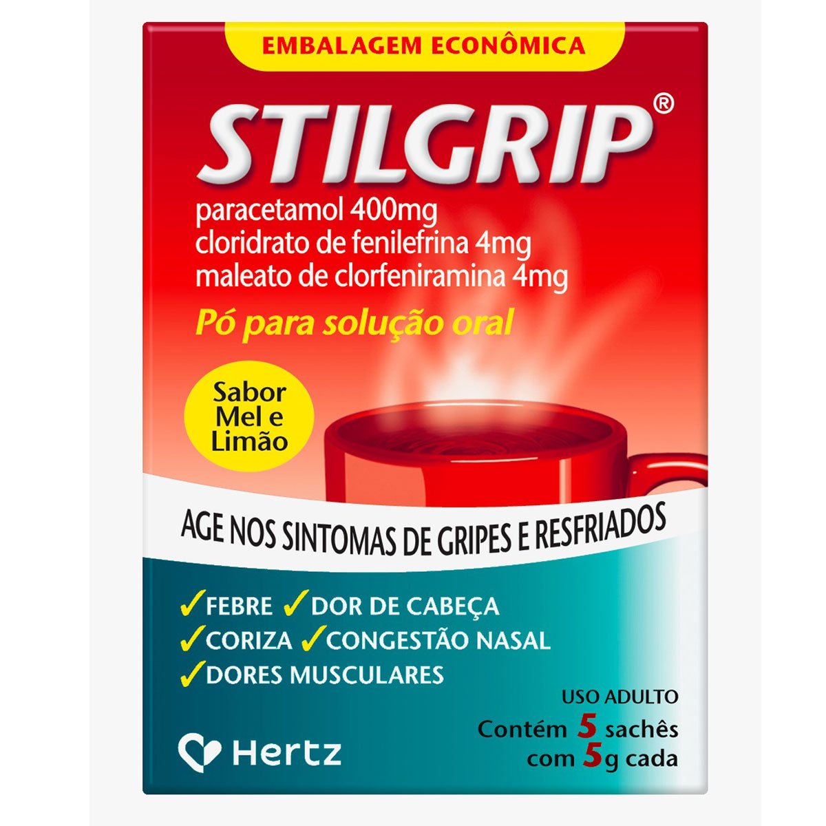 Stilgrip Paracetamol 400mg + Cloridrato De Fenilefrina 4mg + Maleato De  Clorfeniramina 4mg Com 5 Saches Po Para Solucao Oral
