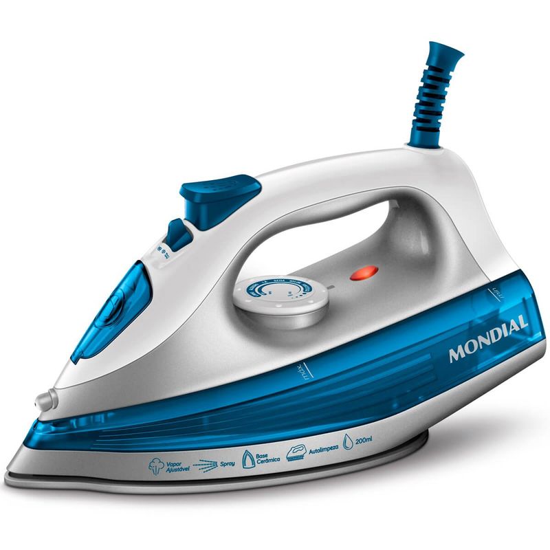 ferro de passar mondial a vapor cerâmica 1200w 127v branco e azul - fvn-01-bl