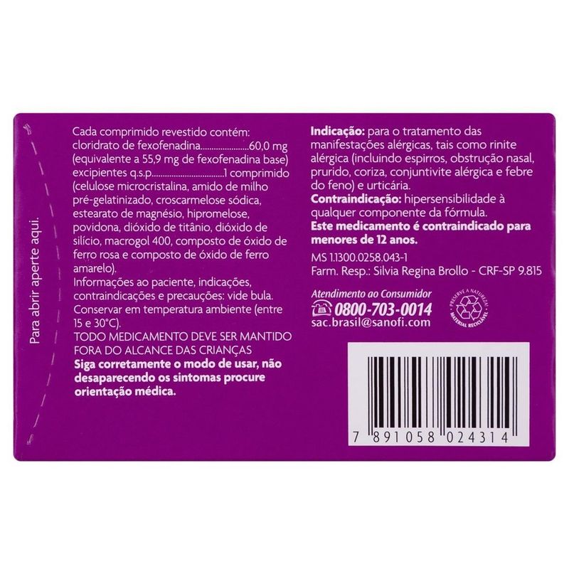 allegra 60mg 10 comprimidos revestidos