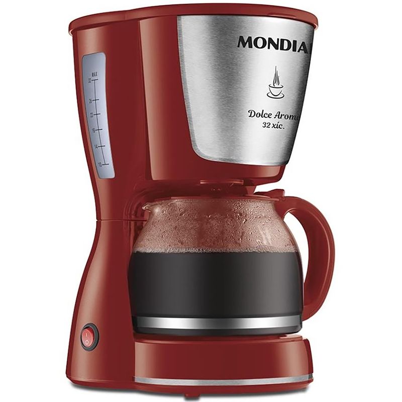 cafeteira elétrica mondial dolce arome inox, jarra de vidro, 127v, 60hz, capacidade 32 xícaras, vermelha - c-32