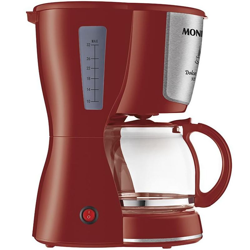 cafeteira elétrica mondial dolce arome inox, jarra de vidro, 127v, 60hz, capacidade 32 xícaras, vermelha - c-32