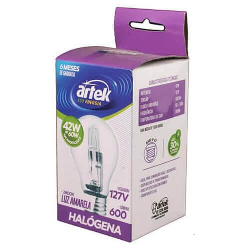 lâmpada halógena artek e-27 42w 127v 2800k 4290 luz amarela (mp)