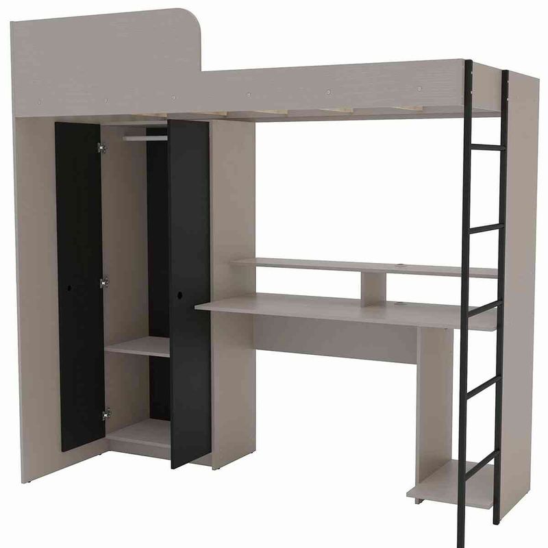 cama multifuncional politorno konza com roupeiro e mesa gamer cinza e preto