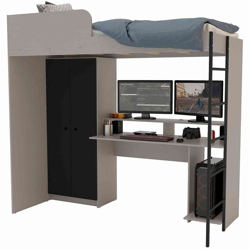 cama multifuncional politorno konza com roupeiro e mesa gamer cinza e preto