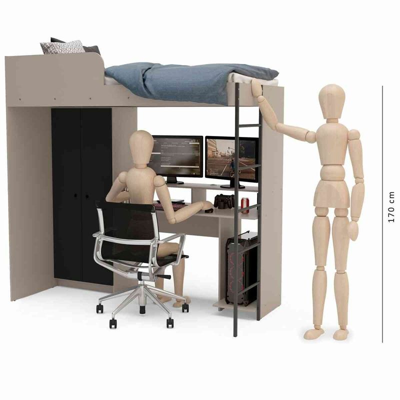 cama multifuncional politorno konza com roupeiro e mesa gamer cinza e preto