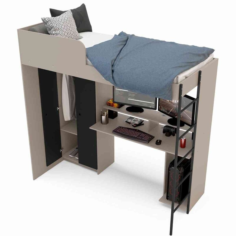 cama multifuncional politorno konza com roupeiro e mesa gamer cinza e preto