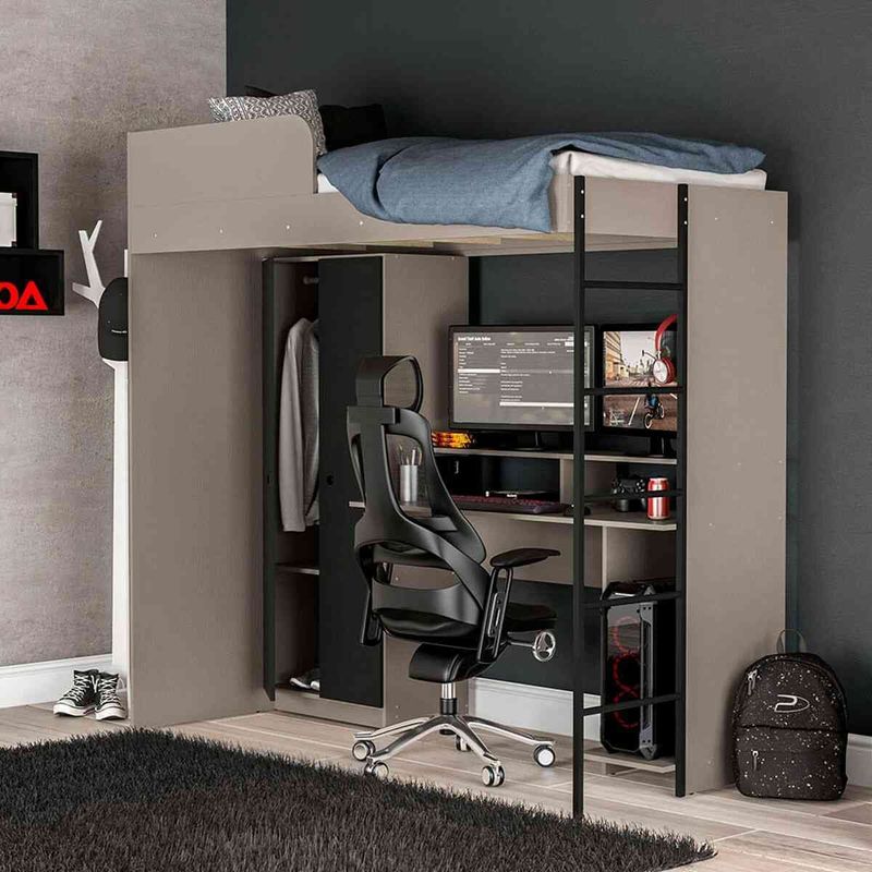 cama multifuncional politorno konza com roupeiro e mesa gamer cinza e preto