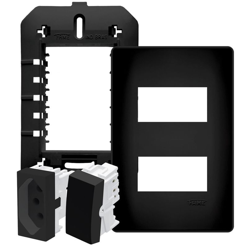 conjunto tomada + interruptor de embutir fame habitat simples 250v 20a 4063 preta (mp)