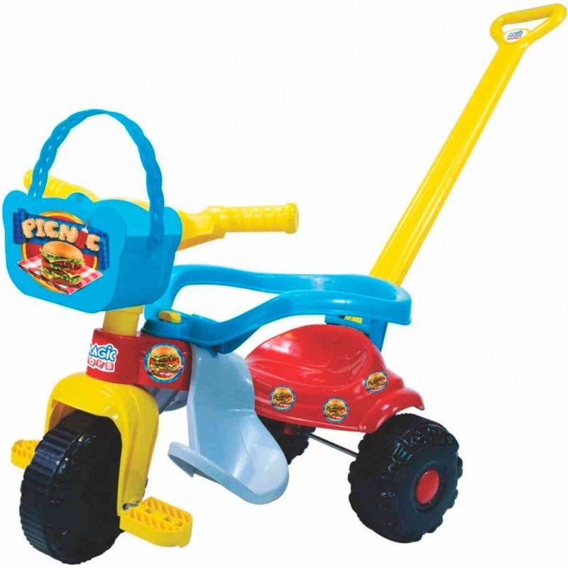 triciclo magic toys tico-tico pic-nic com alça e aro azul - 2565