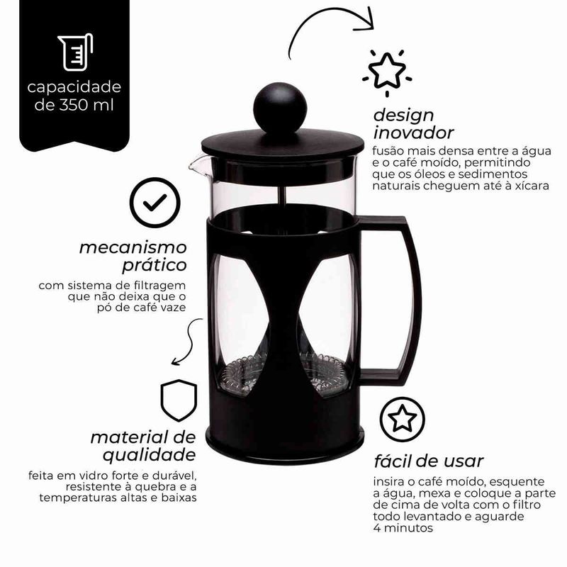 cafeteira mimo style prensa francesa 350ml preto - 6116-afp350