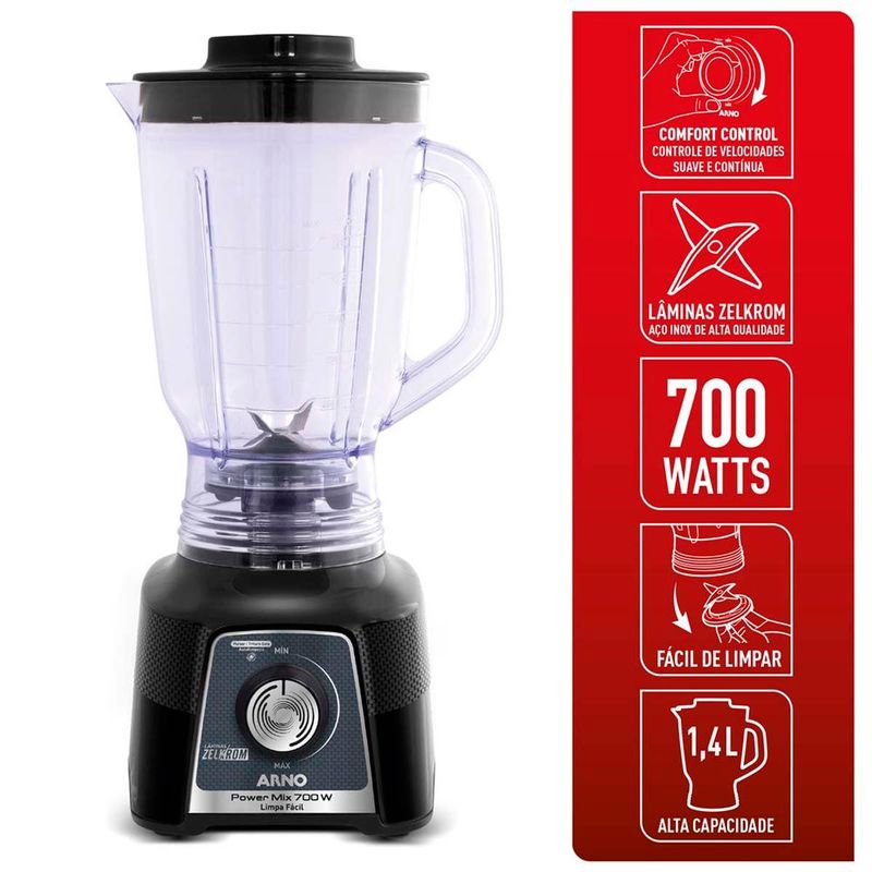 liquidificador arno power mix limpa fácil 700w 1,4l preto lq35