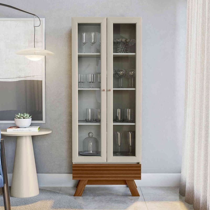 cristaleira retro linea marsala 2 portas e 1 gaveta freijó e off white