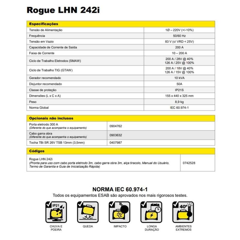 máquina de solda esab inversora 220v rogue lhn 242i preta (mp)