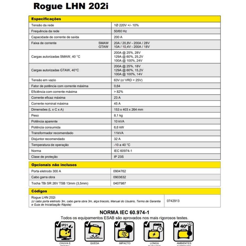 máquina de solda esab inversora 220v rogue lhn 202i preta (mp)