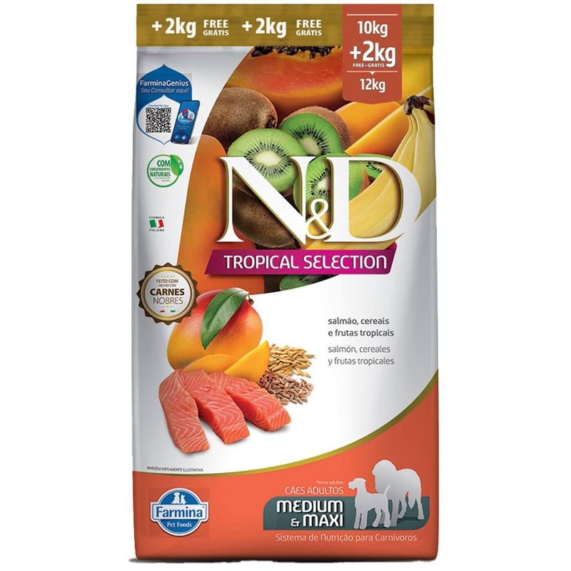 ração n&d cães adultos raças médias e grandes tropical salmão 10kg (mp)