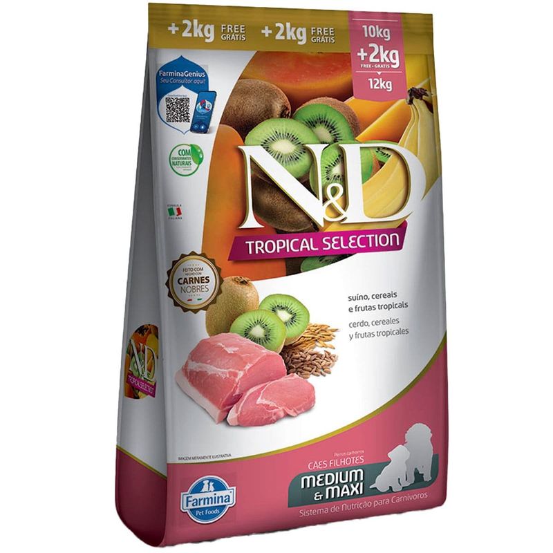 ração n&d cães filhotes raças médias e grandes tropical suíno 10kg (mp)