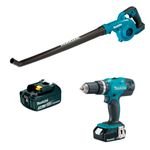 combo makita parafusadeira/furadeira + soprador de ar a bateria 18v 3.0ah kit dhp453sfx8+dub183z (mp)