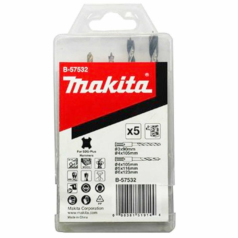 jogo de brocas makita sds-plus para metal e madeira b-57532 5 peças (mp)