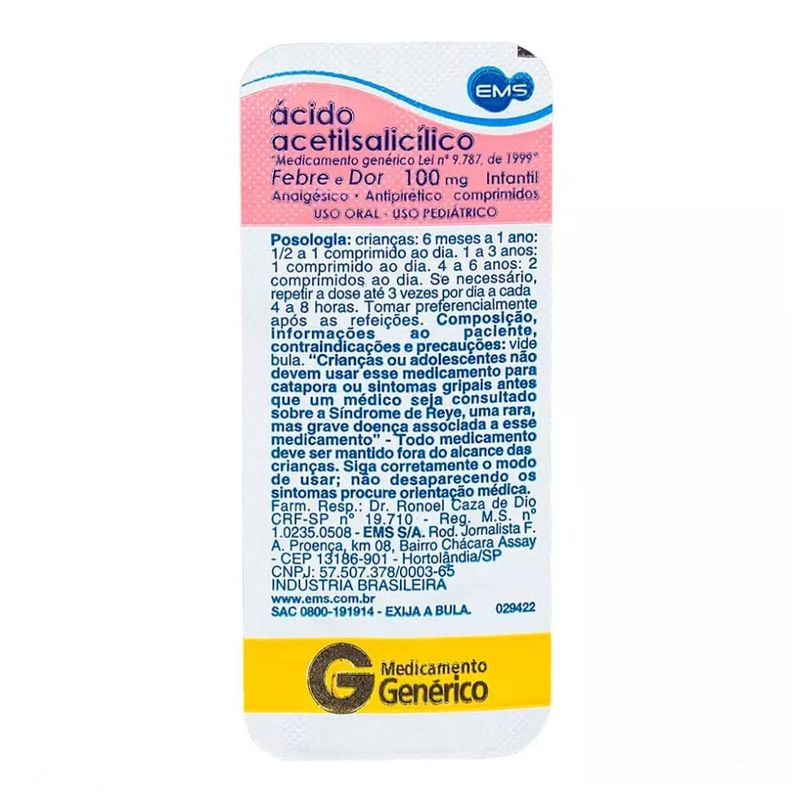 ácido acetilsalicilico 100mg 10 comprimidos ems genérico