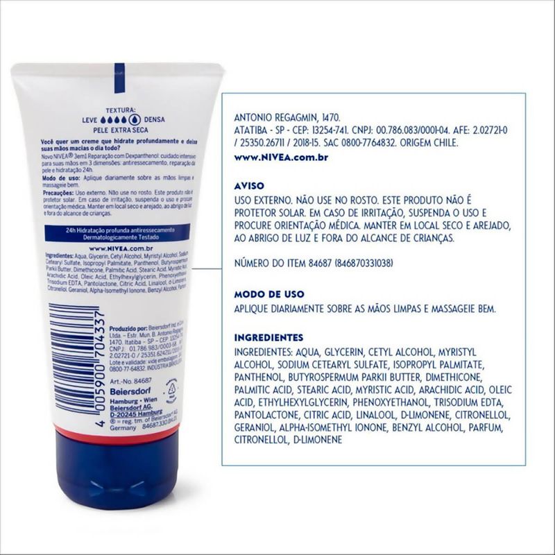 creme para mãos nivea 3 em 1 reparação com 75ml