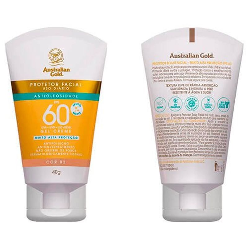 protetor solar facial australian gold fps60 cor 02 - 40g