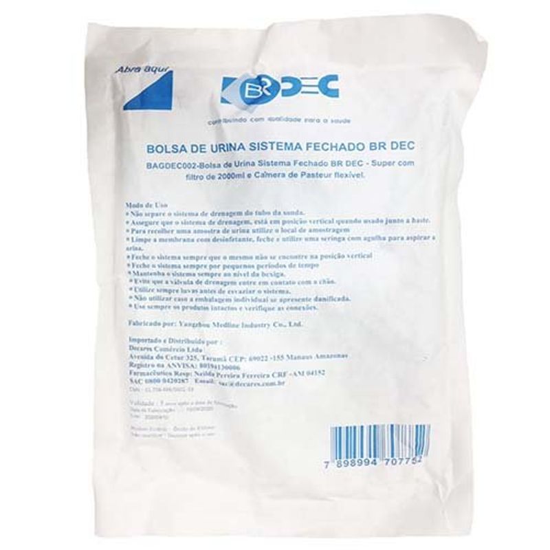 bolsa coletora urina sistema fechado 2000ml com filtro camera pasteur