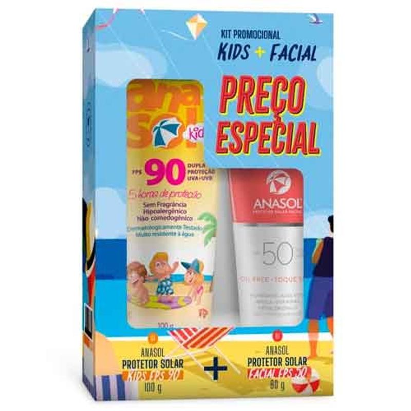 kit protetor solar anasol corporal kids fps90 100g e facial fps 50 60g