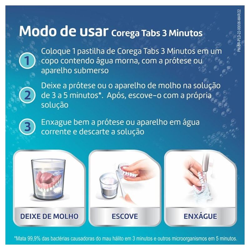 corega tabs pastilhas de limpeza 3 minutos com 6 pastilhas efervescentes
