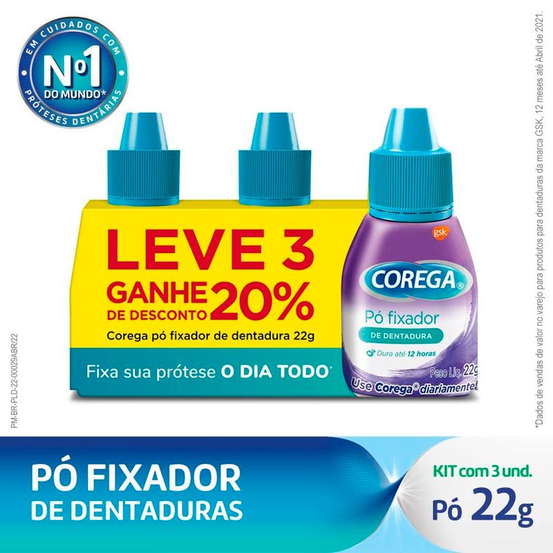 kit pó fixador de dentadura 3 unidades 22g cada
