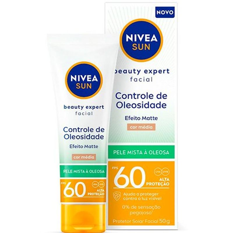 protetor solar facial nivea sun beauty expert controle de oleosidade cor média fps60 50g