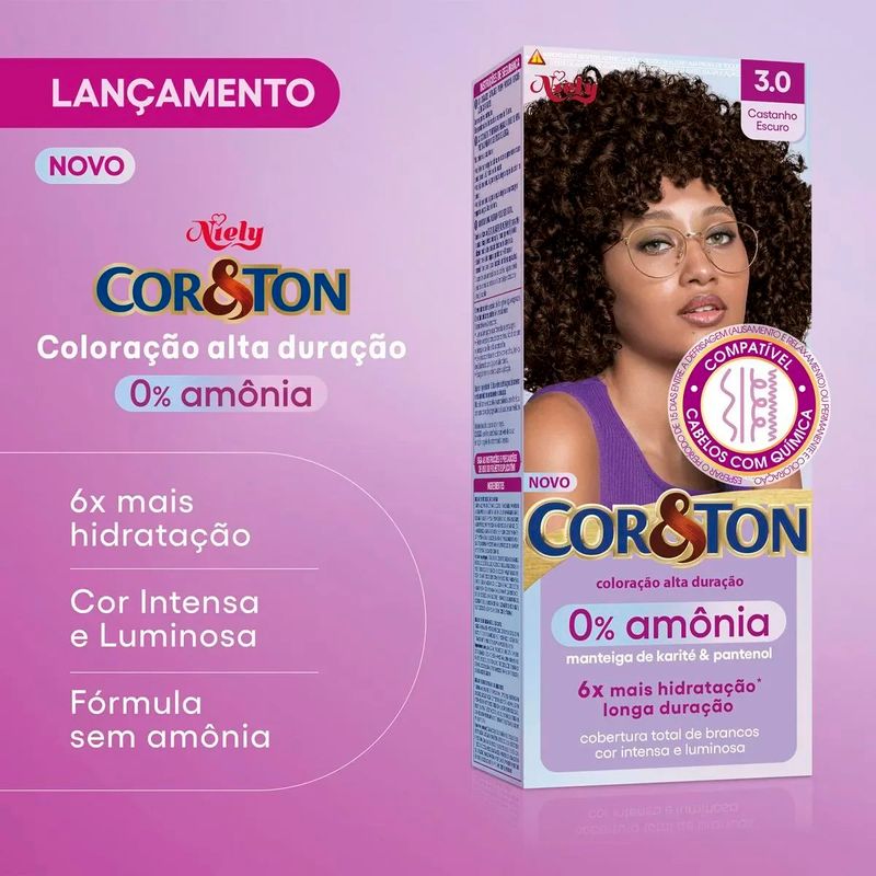 coloração cor&ton niely 0% amônia 3.0 castanho escuro