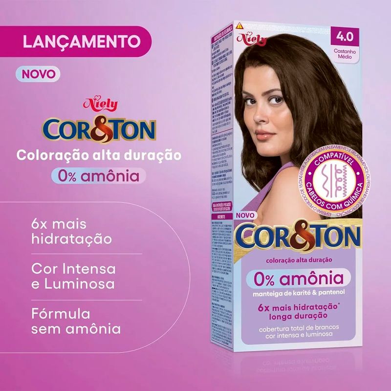 coloração cor&ton niely 0% amônia 4.0 castanho médio