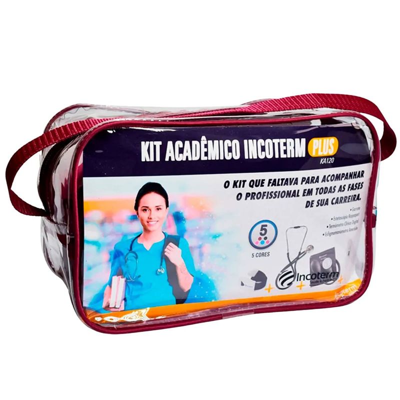 kit esfigmomanômetro estetoscópio e termômetro incoterm plus bordô (mp)