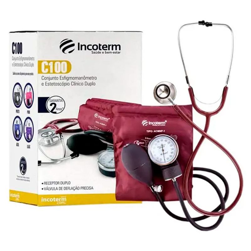 conjunto de estetoscópio e esfigmomanômetro incoterm c100 bordô (mp)