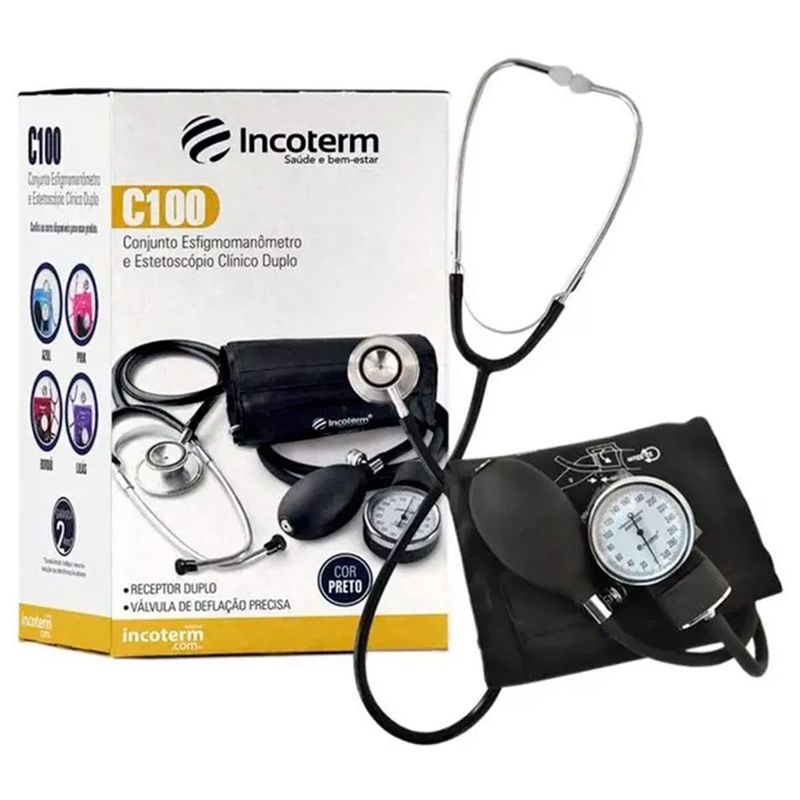 conjunto de estetoscópio e esfigmomanômetro incoterm c100 preto (mp)