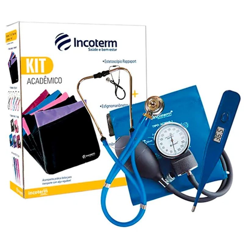 kit esfigmomanômetro estetoscópio e termômetro incoterm ka-100 azul (mp)