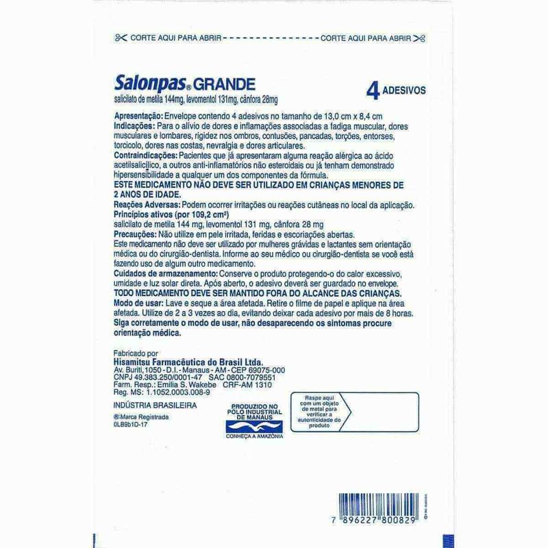 salonpas 4 adesivos transdérmicos grandes hisamitsu referência