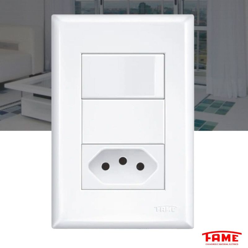 interruptor simples fame 16a/250w com uma tomada 2p+t10a/250w evidence branco 3889 (mp)