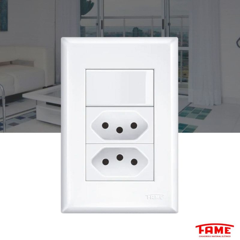 interruptor simples fame 16a/250w com tomada dupla 2p+t20a/250w evidence branco 3534 (mp)