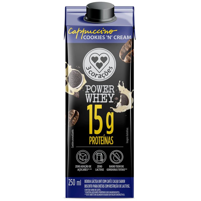 bebida láctea 3 corações power whey cappuccino clássico 250ml