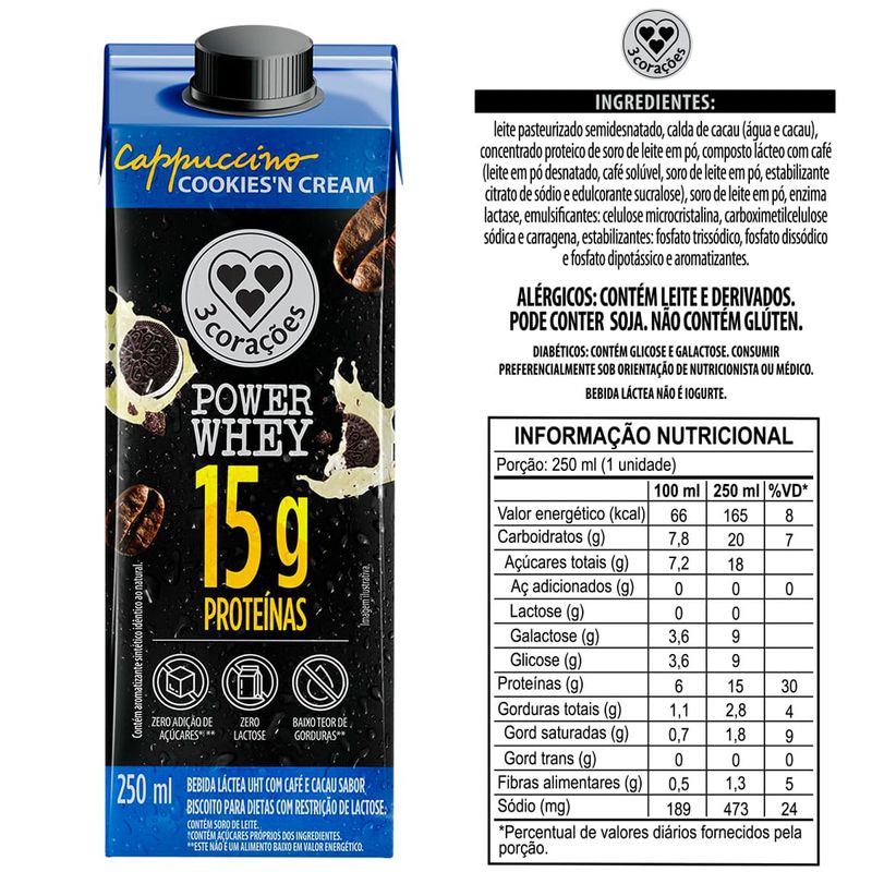 bebida láctea 3 corações power whey cappuccino clássico 250ml