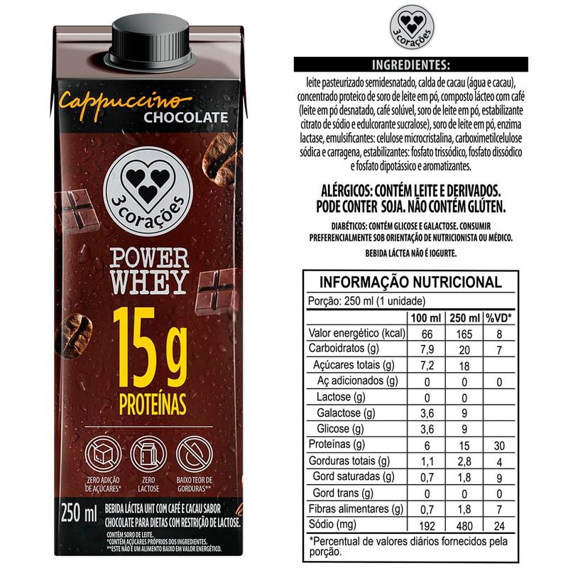 bebida láctea 3 corações power whey cappuccino chocolate 250ml