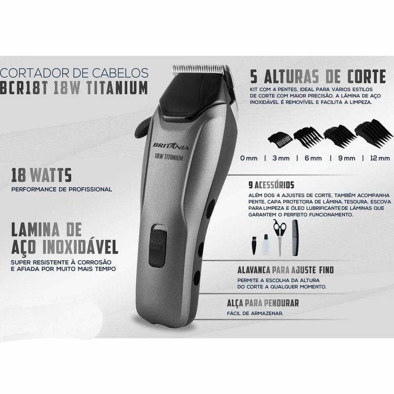 máquina de cortar cabelo britânia 18w titanium 127v cinza e preto bcr18t