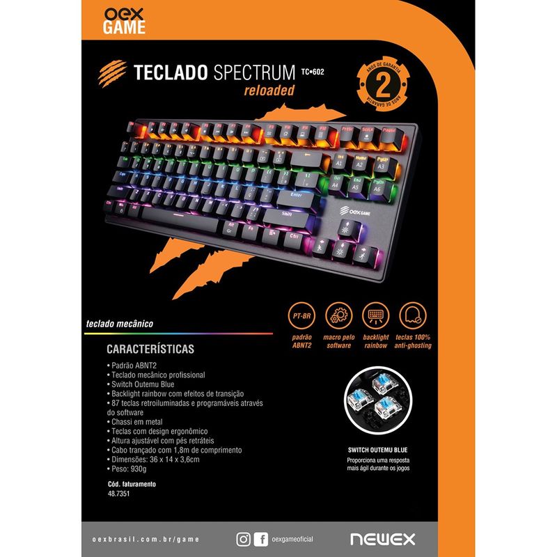 teclado gamer oex switch blue led branco tc605